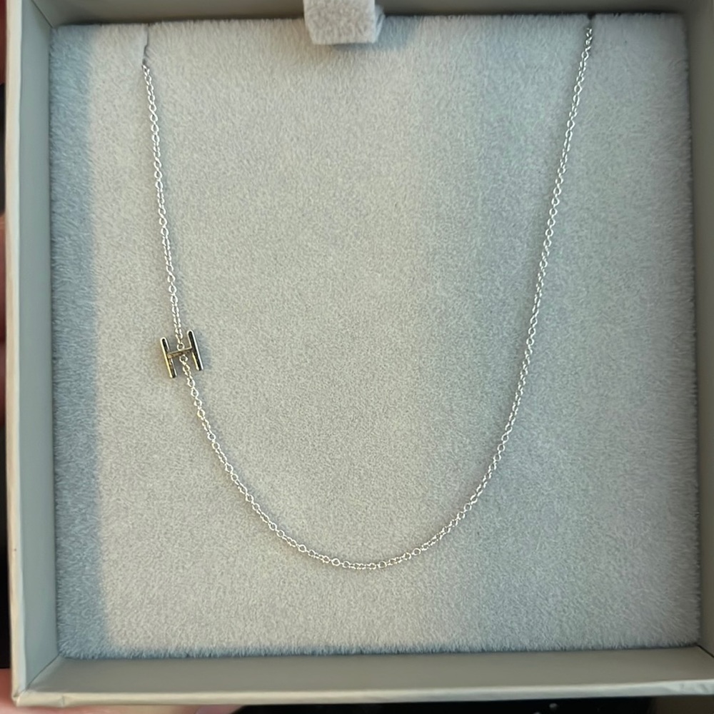 Maya Brenner “H” necklace. 20” long. White gold.